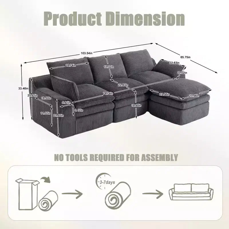 Canapé d'angle en forme de L, canapé en velours côtelé avec pouf mobile, canapé d'angle modulaire compressé pour salon - ModernLuxe