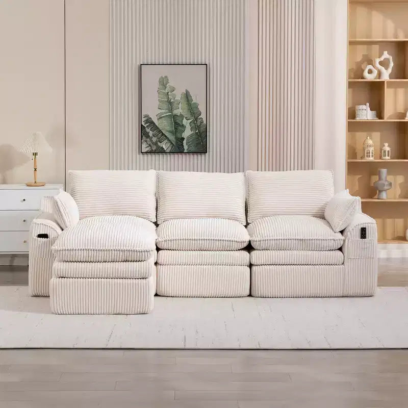 Canapé d'angle en forme de L, canapé en velours côtelé avec pouf mobile, canapé d'angle modulaire compressé pour salon - ModernLuxe