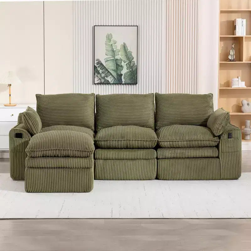 Canapé d'angle en forme de L, canapé en velours côtelé avec pouf mobile, canapé d'angle modulaire compressé pour salon - ModernLuxe