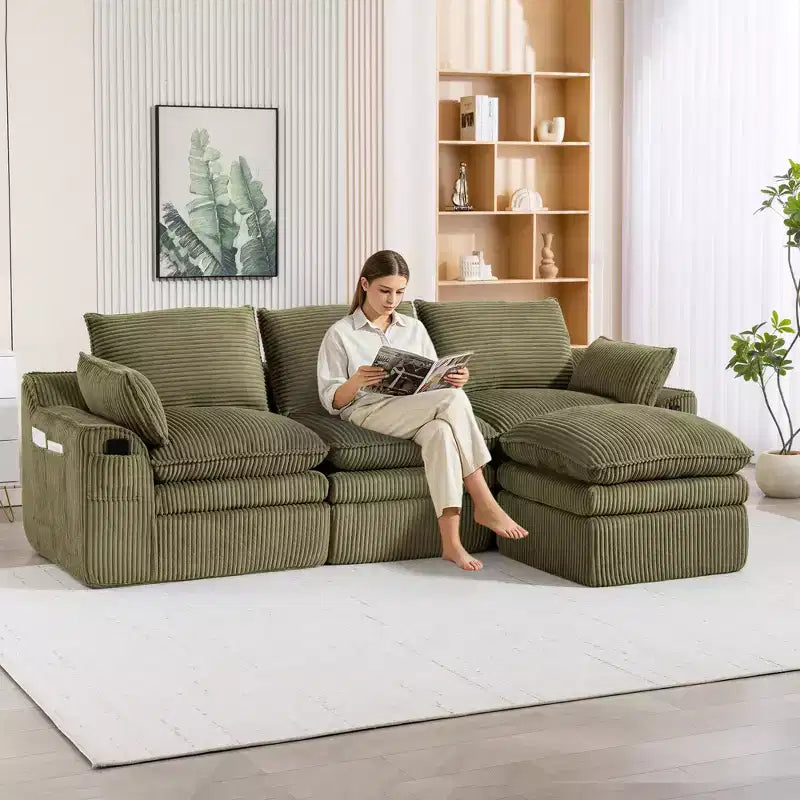 Canapé d'angle en forme de L, canapé en velours côtelé avec pouf mobile, canapé d'angle modulaire compressé pour salon - ModernLuxe