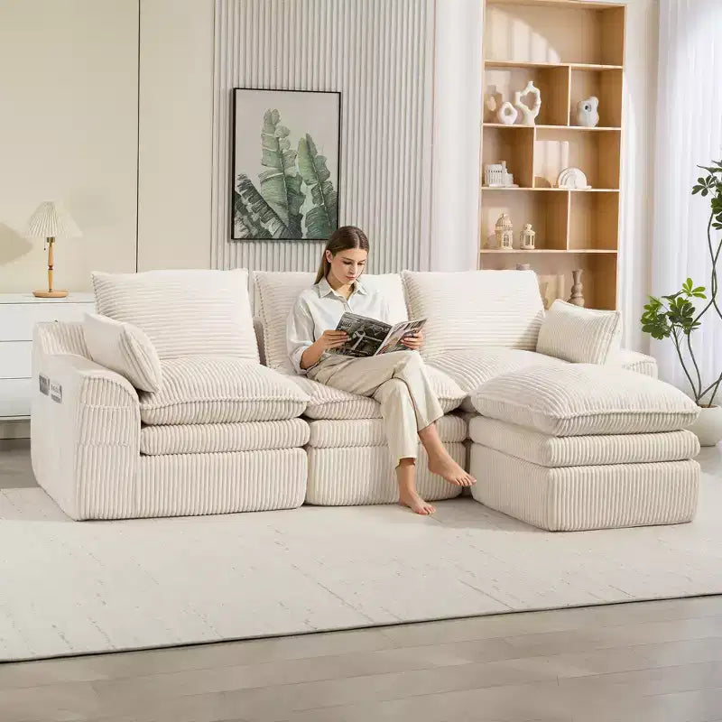 Canapé d'angle en forme de L, canapé en velours côtelé avec pouf mobile, canapé d'angle modulaire compressé pour salon - ModernLuxe