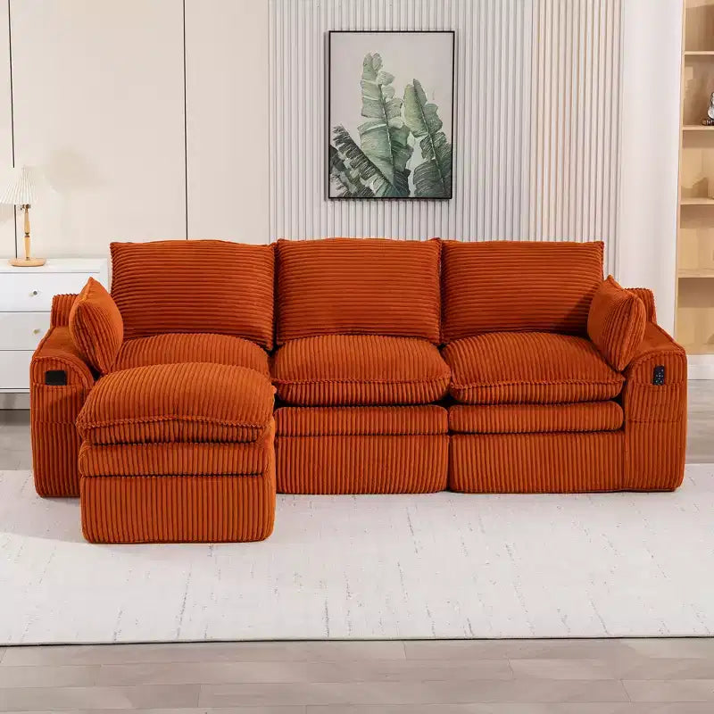 Canapé d'angle en forme de L, canapé en velours côtelé avec pouf mobile, canapé d'angle modulaire compressé pour salon - ModernLuxe