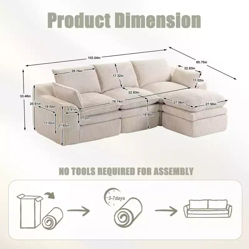 Canapé d'angle en forme de L, canapé en velours côtelé avec pouf mobile, canapé d'angle modulaire compressé pour salon - ModernLuxe