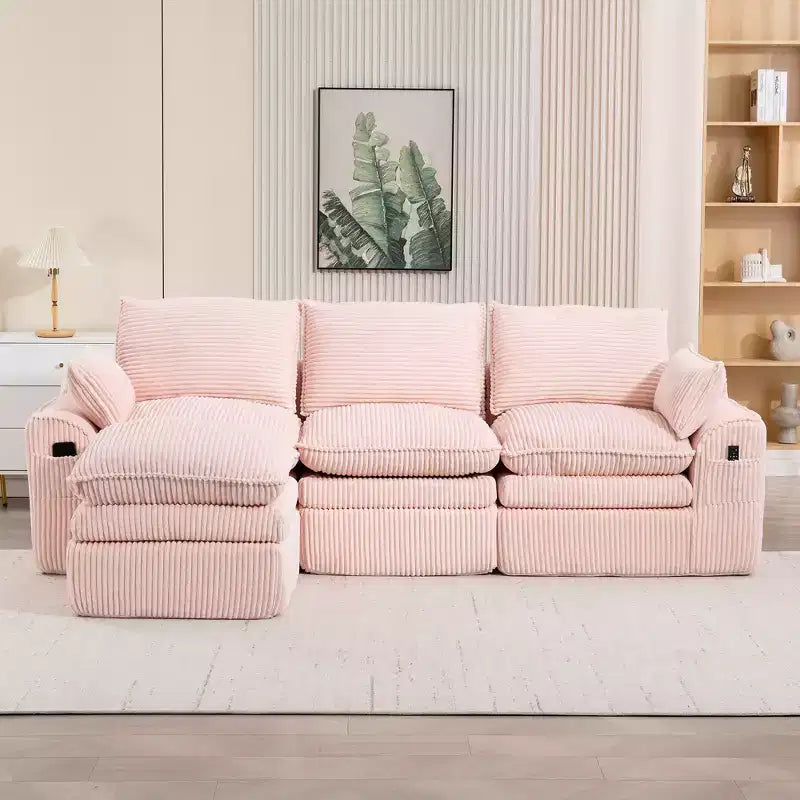 Canapé d'angle en forme de L, canapé en velours côtelé avec pouf mobile, canapé d'angle modulaire compressé pour salon - ModernLuxe