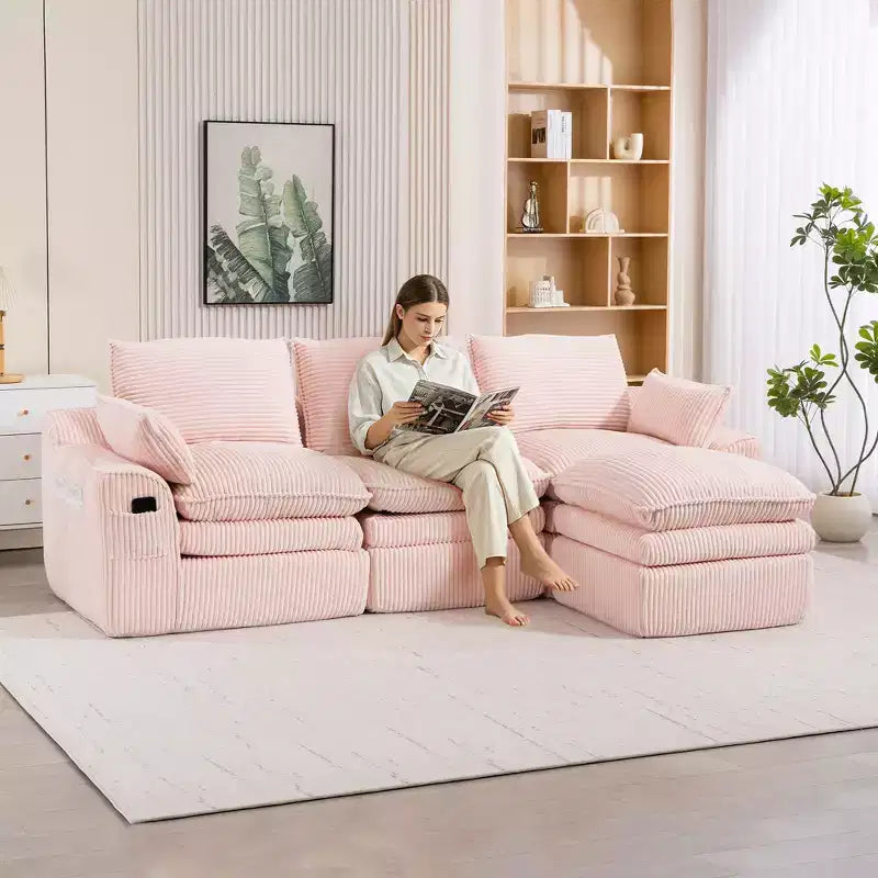 Canapé d'angle en forme de L, canapé en velours côtelé avec pouf mobile, canapé d'angle modulaire compressé pour salon - ModernLuxe