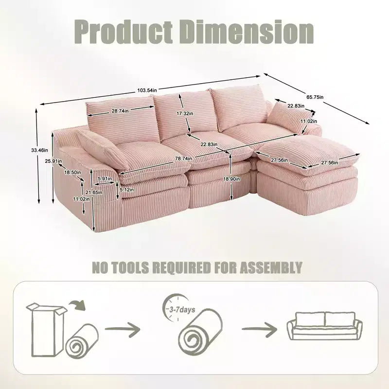 Canapé d'angle en forme de L, canapé en velours côtelé avec pouf mobile, canapé d'angle modulaire compressé pour salon - ModernLuxe