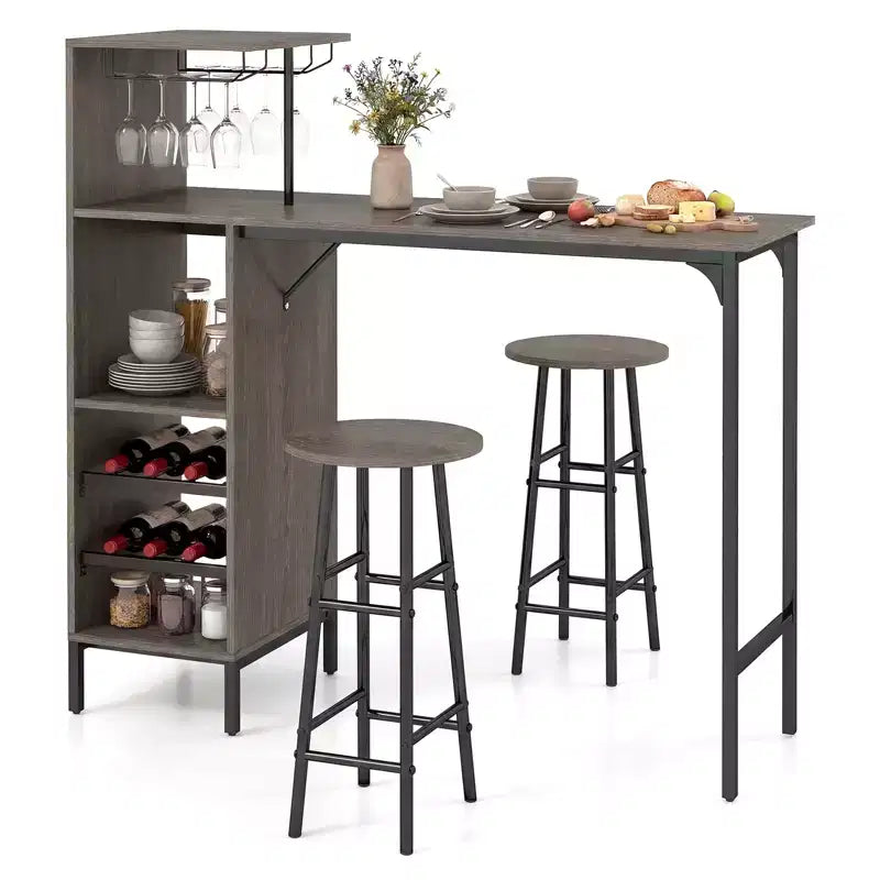 Costway Ensemble table de bar et chaises 3 pièces Table et tabourets de pub industriels avec porte-bouteilles Marron/Chêne