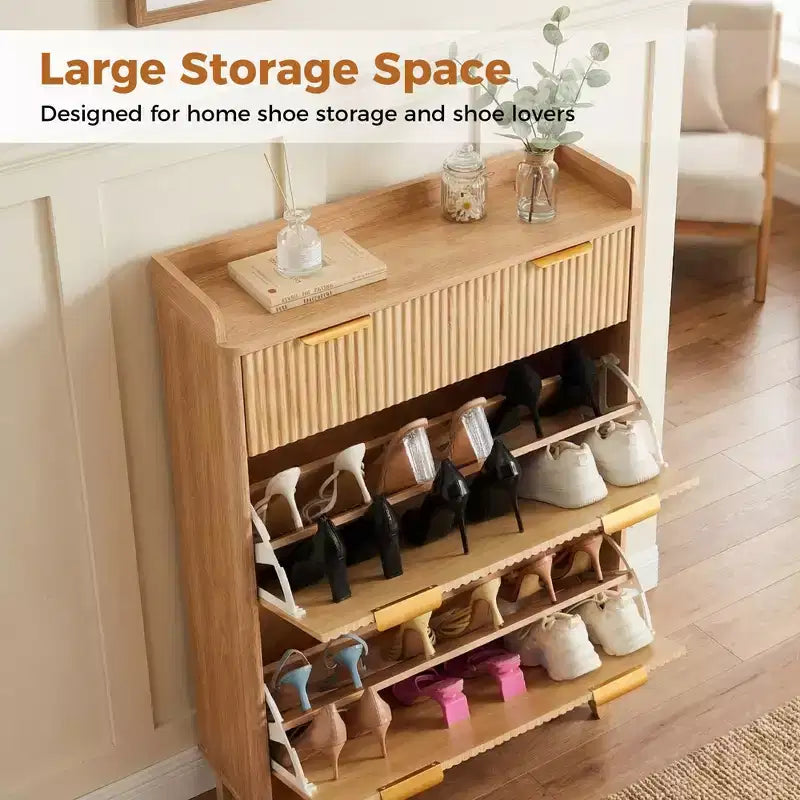 Meuble à chaussures étroit COZONY, organiseur de rangement mince à double porte avec étagères réglables et 2 tiroirs, compact pour les petits espaces