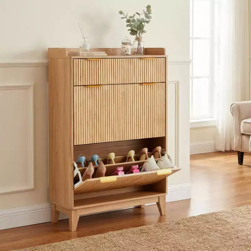 Meuble à chaussures étroit COZONY, organiseur de rangement mince à double porte avec étagères réglables et 2 tiroirs, compact pour les petits espaces