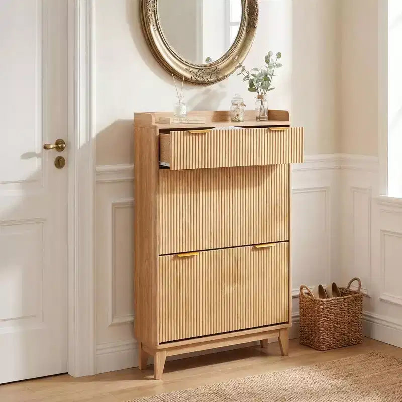 Meuble à chaussures étroit COZONY, organiseur de rangement mince à double porte avec étagères réglables et 2 tiroirs, compact pour les petits espaces