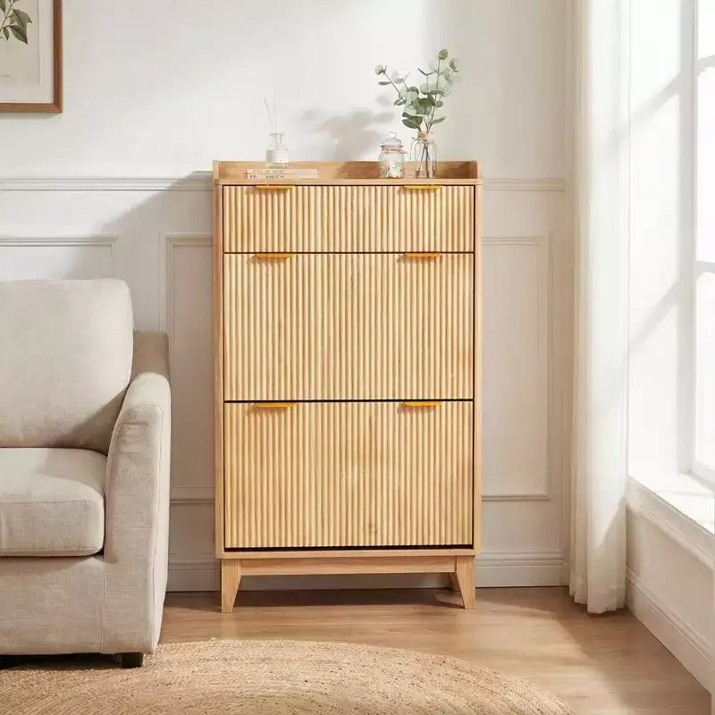 Meuble à chaussures étroit COZONY, organiseur de rangement mince à double porte avec étagères réglables et 2 tiroirs, compact pour les petits espaces
