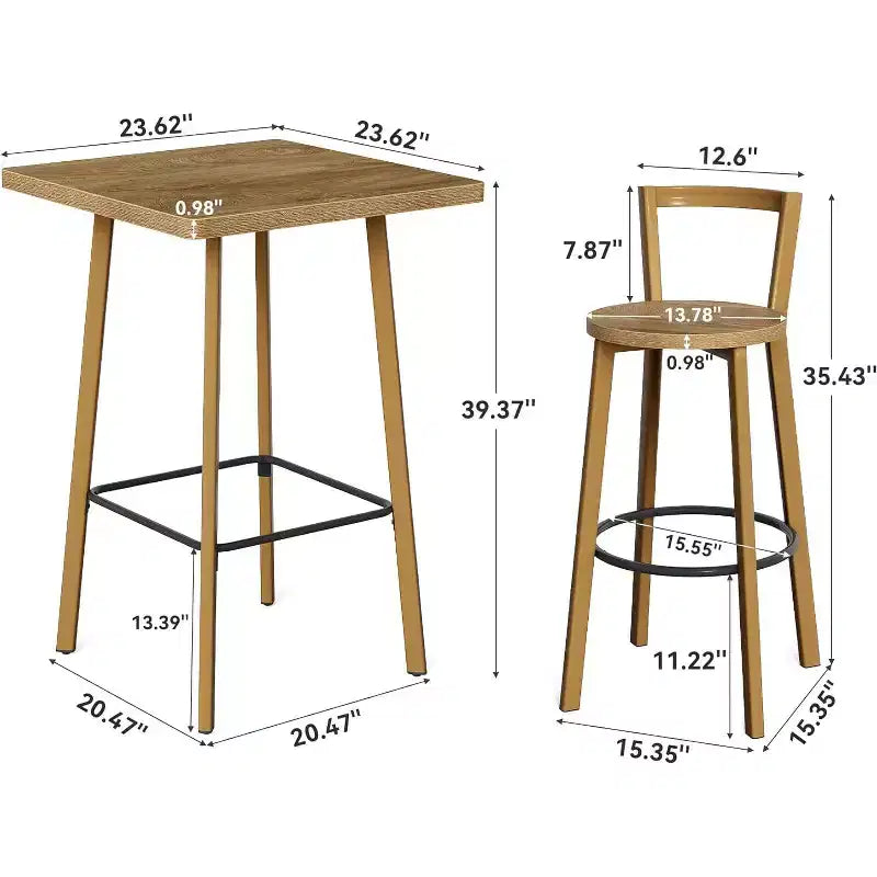 Ensemble table et chaises de bar Lantine, table de bistrot carrée de 100 cm de haut avec 2 chaises, table haute pour salle à manger, café, appartement, balcon, couleur chêne