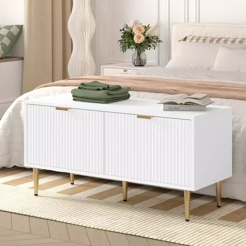 COZONY Banc de rangement à chaussures cannelé moderne de 106,7 cm avec armoire, banc à chaussures en bois pour entrée, hall, vestibule ou porte d'entrée