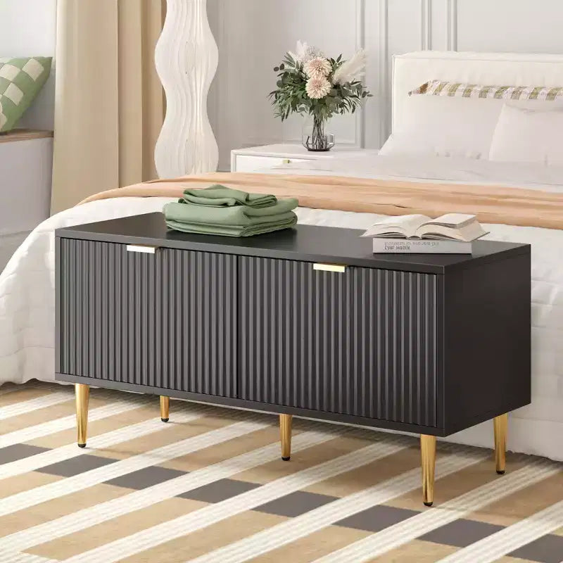 COZONY Banc de rangement à chaussures cannelé moderne de 106,7 cm avec armoire, banc à chaussures en bois pour entrée, hall, vestibule ou porte d'entrée