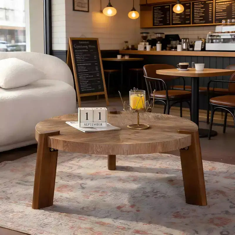 JVNOXK 36.61 Round Herringbone Coffee Table, Solid Wood & MDF Rustic Accent Table with Tapered Legs, Natural Distressed Wood Finish for Living Room
