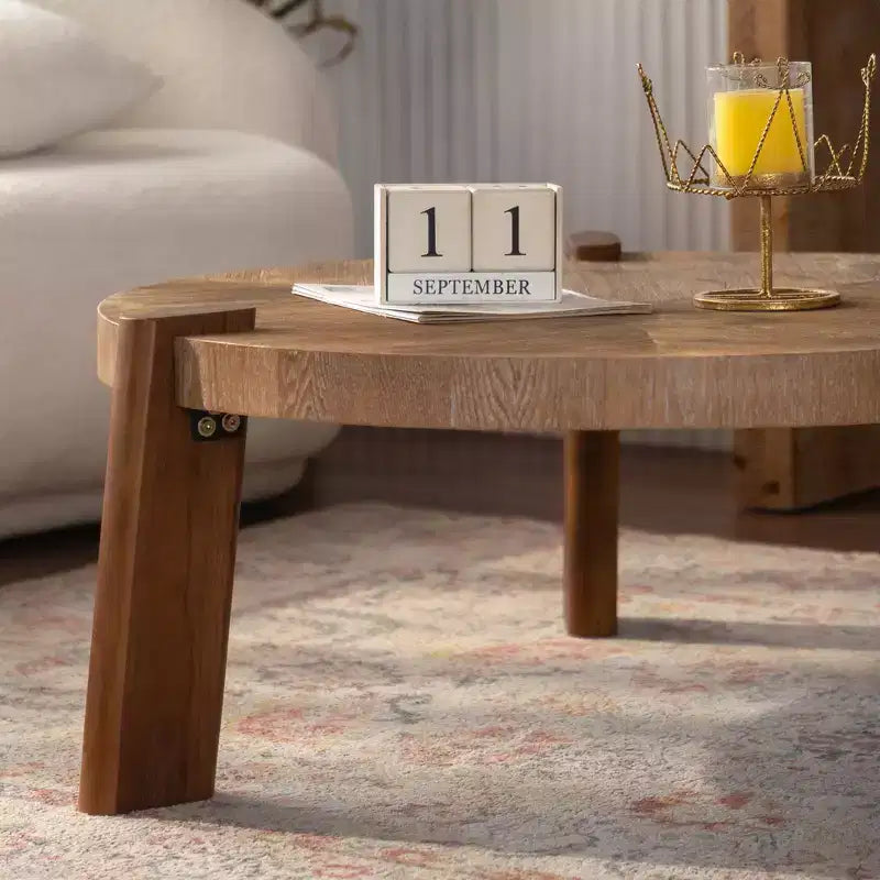 JVNOXK Table basse ronde à chevrons 36.61, Table d'appoint rustique en bois massif et MDF avec pieds fuselés, Finition en bois vieilli naturel pour salon