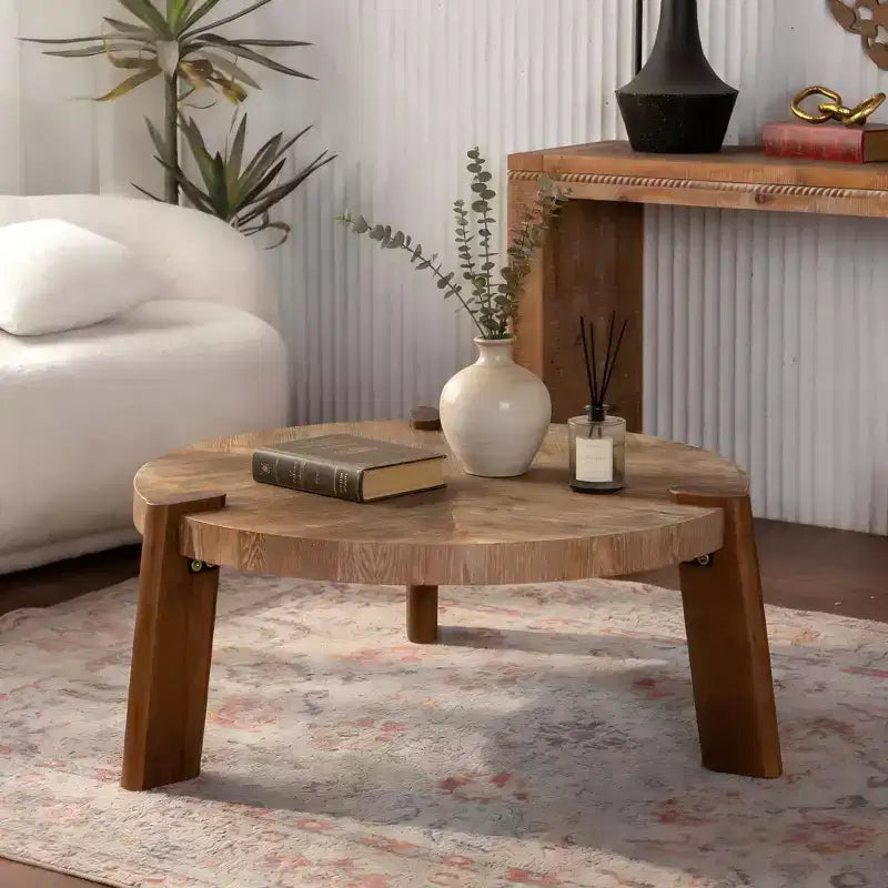 JVNOXK Table basse ronde à chevrons 36.61, Table d'appoint rustique en bois massif et MDF avec pieds fuselés, Finition en bois vieilli naturel pour salon