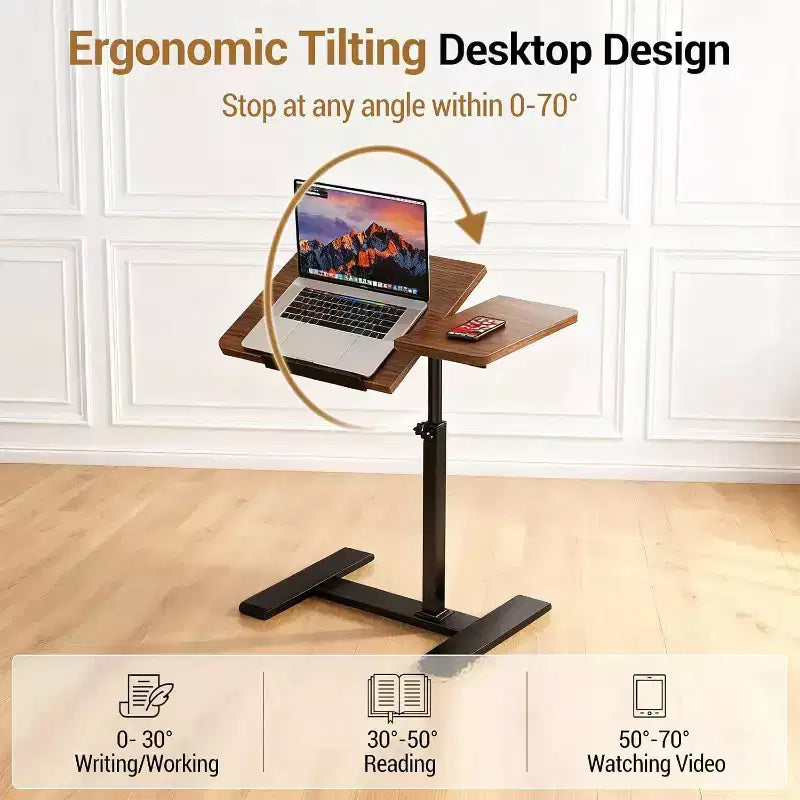 Table de chevet réglable en hauteur avec roulettes, plateau divisé, table de chevet inclinable, support mobile pour ordinateur portable, ordinateur, bureau debout, chariot avec rangement pour l'hôpital