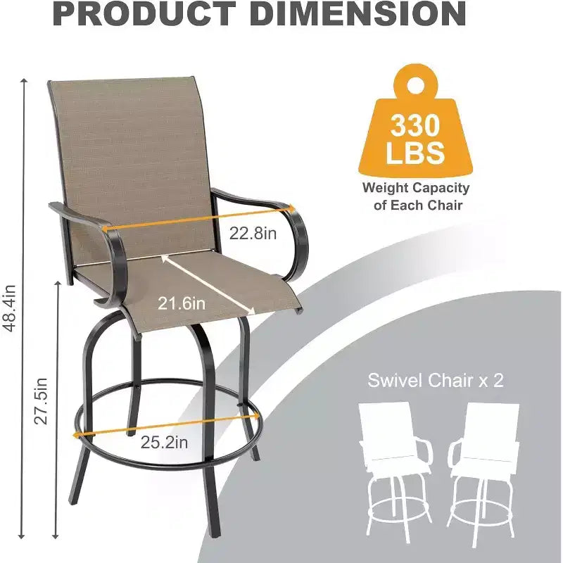Ensemble de 2 tabourets de bar de jardin hauteur comptoir, chaises de patio extérieures pivotantes à 360° avec accoudoirs et dossier haut, sièges de bar en textilène respirant pour terrasse