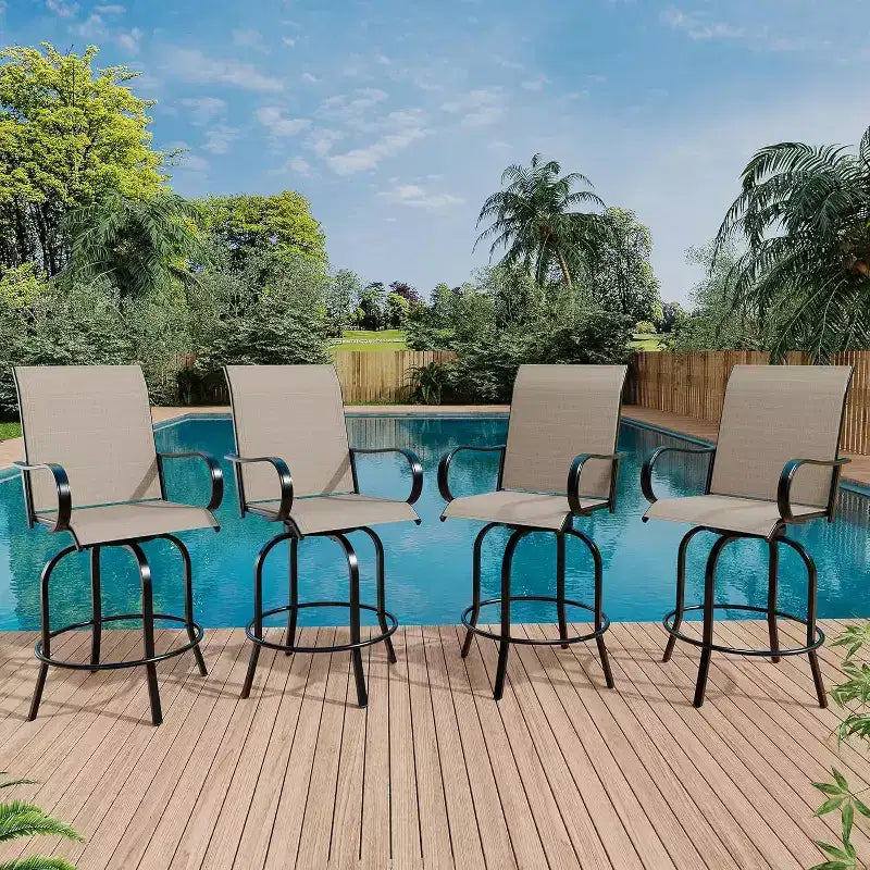 Ensemble de 2 tabourets de bar de jardin hauteur comptoir, chaises de patio extérieures pivotantes à 360° avec accoudoirs et dossier haut, sièges de bar en textilène respirant pour terrasse