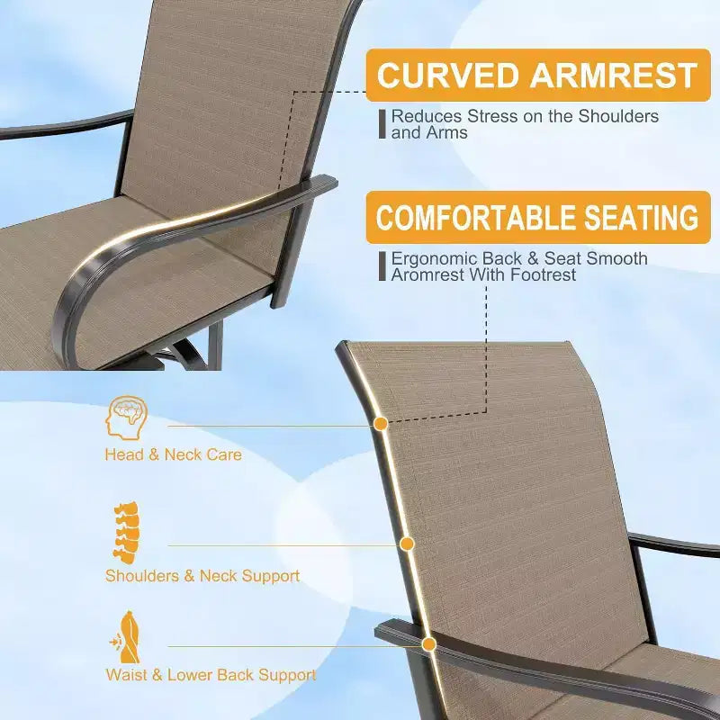 Ensemble de 2 tabourets de bar de jardin hauteur comptoir, chaises de patio extérieures pivotantes à 360° avec accoudoirs et dossier haut, sièges de bar en textilène respirant pour terrasse