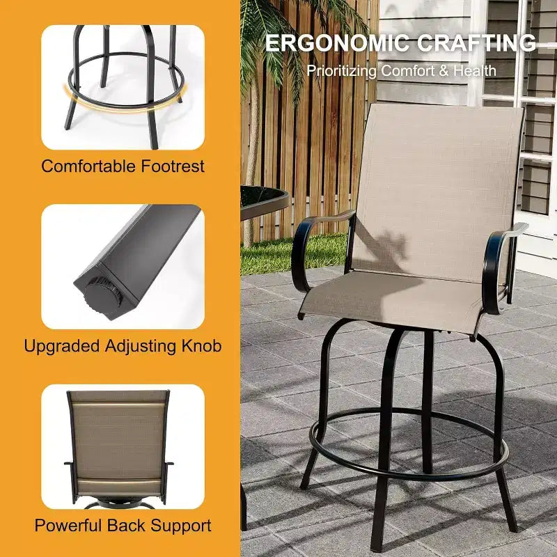 Ensemble de 2 tabourets de bar de jardin hauteur comptoir, chaises de patio extérieures pivotantes à 360° avec accoudoirs et dossier haut, sièges de bar en textilène respirant pour terrasse