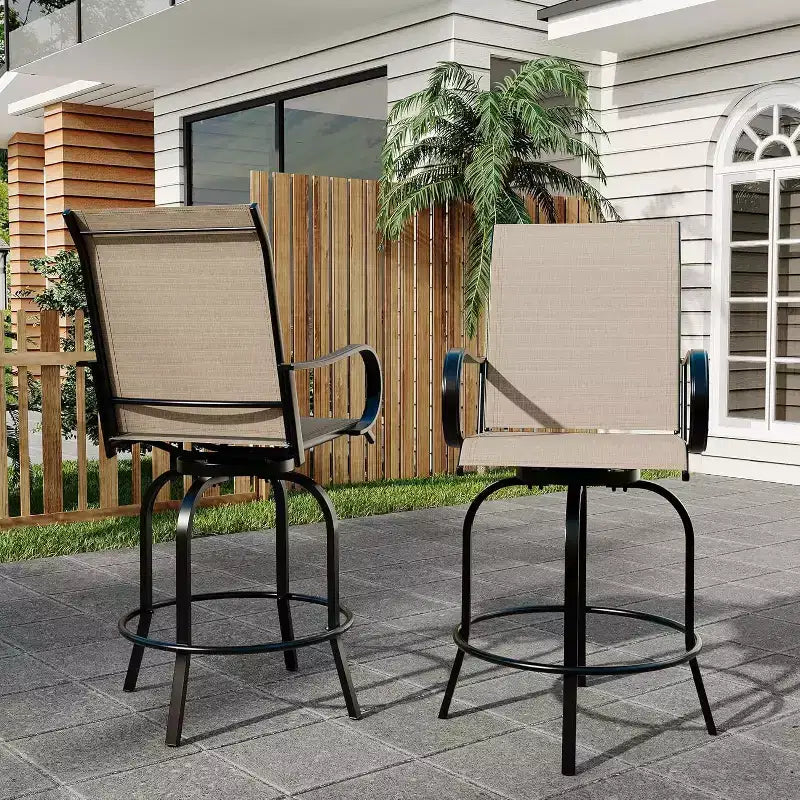 Ensemble de 2 tabourets de bar de jardin hauteur comptoir, chaises de patio extérieures pivotantes à 360° avec accoudoirs et dossier haut, sièges de bar en textilène respirant pour terrasse