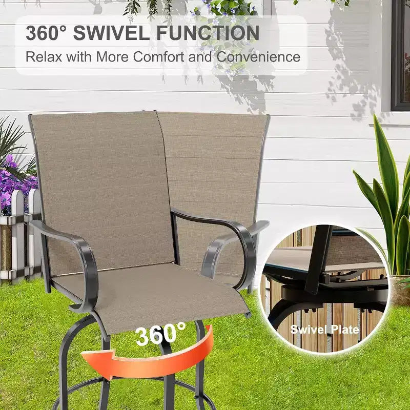 Ensemble de 2 tabourets de bar de jardin hauteur comptoir, chaises de patio extérieures pivotantes à 360° avec accoudoirs et dossier haut, sièges de bar en textilène respirant pour terrasse