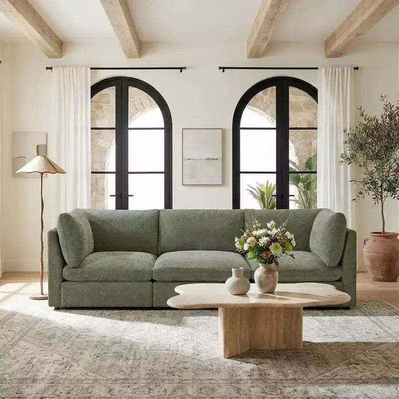 Canapé modulable Morden Fort 356 cm avec pouf de rangement, canapé en U avec assise profonde de 56 cm, canapé d'angle moderne en chenille pour salon