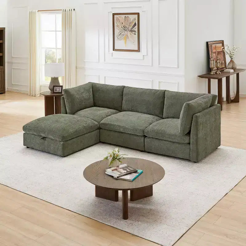 Canapé modulable Morden Fort 356 cm avec pouf de rangement, canapé en U avec assise profonde de 56 cm, canapé d'angle moderne en chenille pour salon