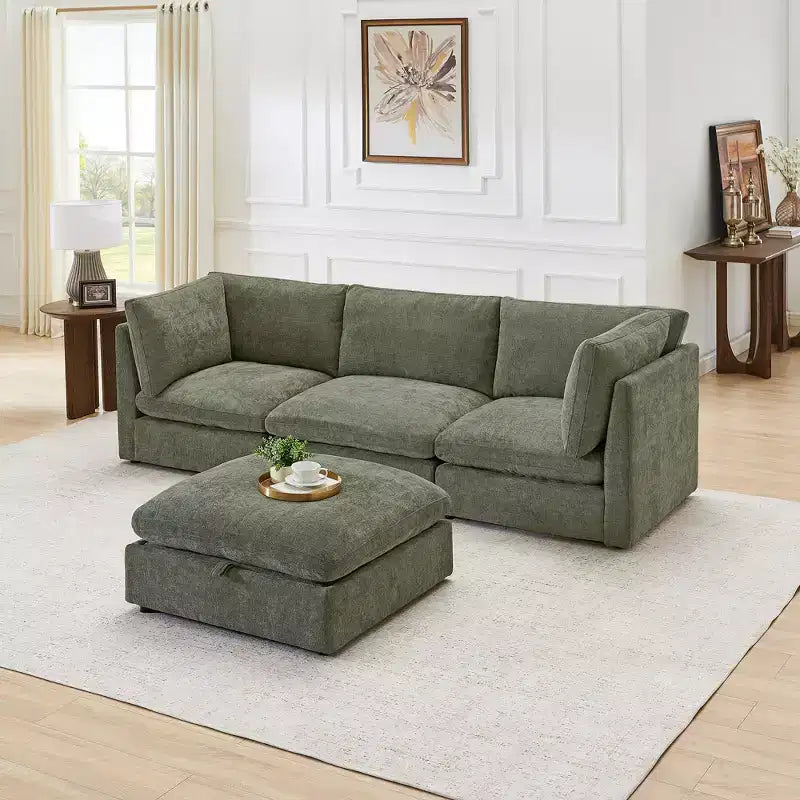 Canapé modulable Morden Fort 356 cm avec pouf de rangement, canapé en U avec assise profonde de 56 cm, canapé d'angle moderne en chenille pour salon
