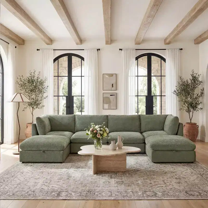 Canapé modulable Morden Fort 356 cm avec pouf de rangement, canapé en U avec assise profonde de 56 cm, canapé d'angle moderne en chenille pour salon