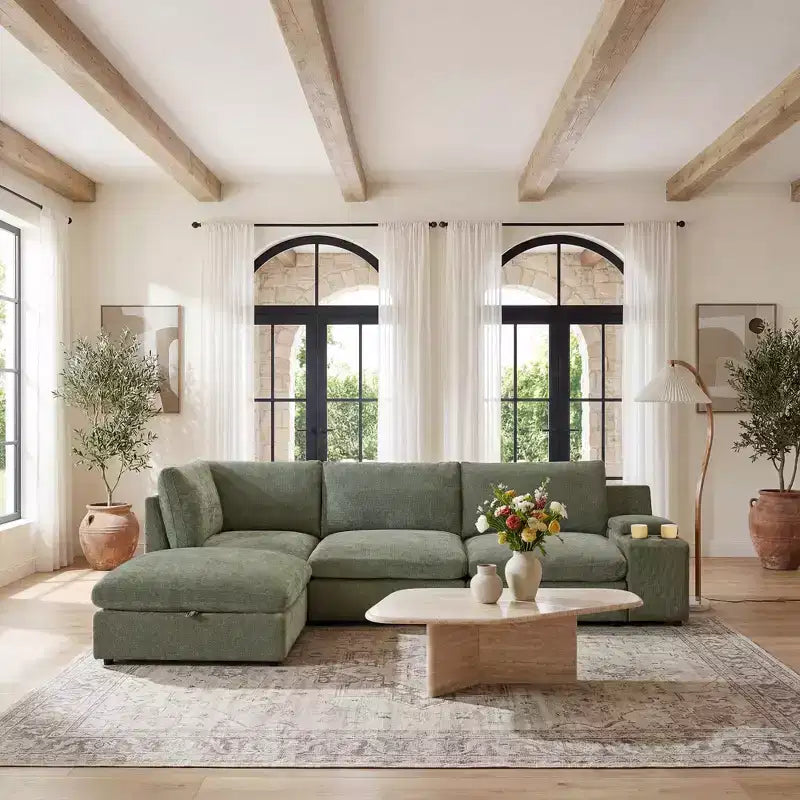 Canapé modulable Morden Fort 356 cm avec pouf de rangement, canapé en U avec assise profonde de 56 cm, canapé d'angle moderne en chenille pour salon