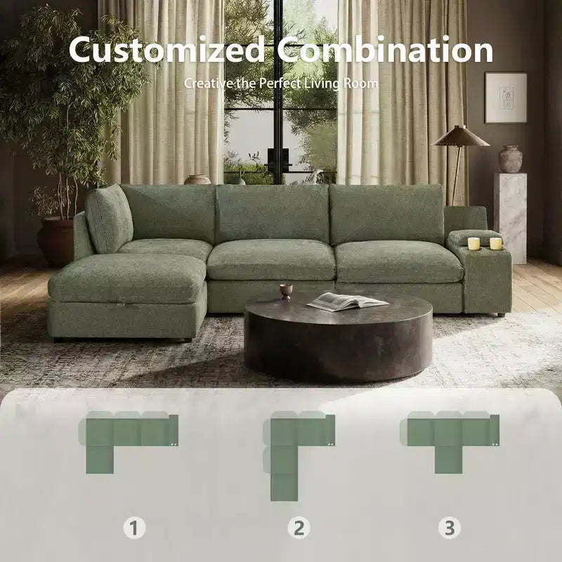 Canapé modulable Morden Fort 356 cm avec pouf de rangement, canapé en U avec assise profonde de 56 cm, canapé d'angle moderne en chenille pour salon