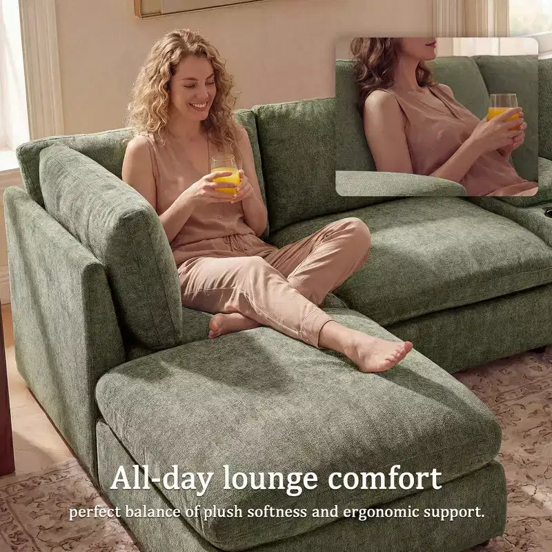 Canapé modulable Morden Fort 356 cm avec pouf de rangement, canapé en U avec assise profonde de 56 cm, canapé d'angle moderne en chenille pour salon