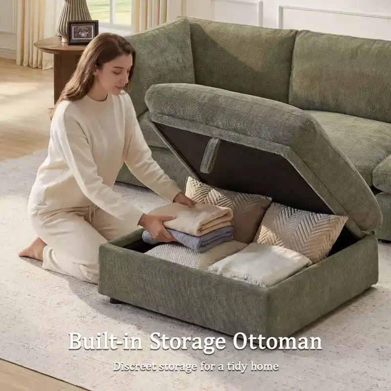 Canapé modulable Morden Fort 356 cm avec pouf de rangement, canapé en U avec assise profonde de 56 cm, canapé d'angle moderne en chenille pour salon