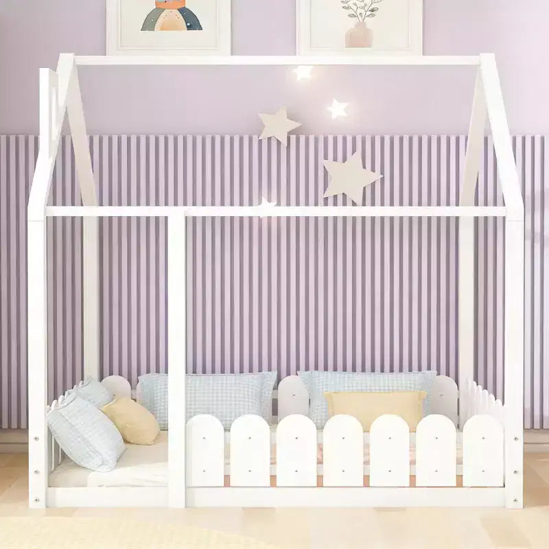 Lit en bois Luxystar avec clôture pour enfants et adolescents, Blanc