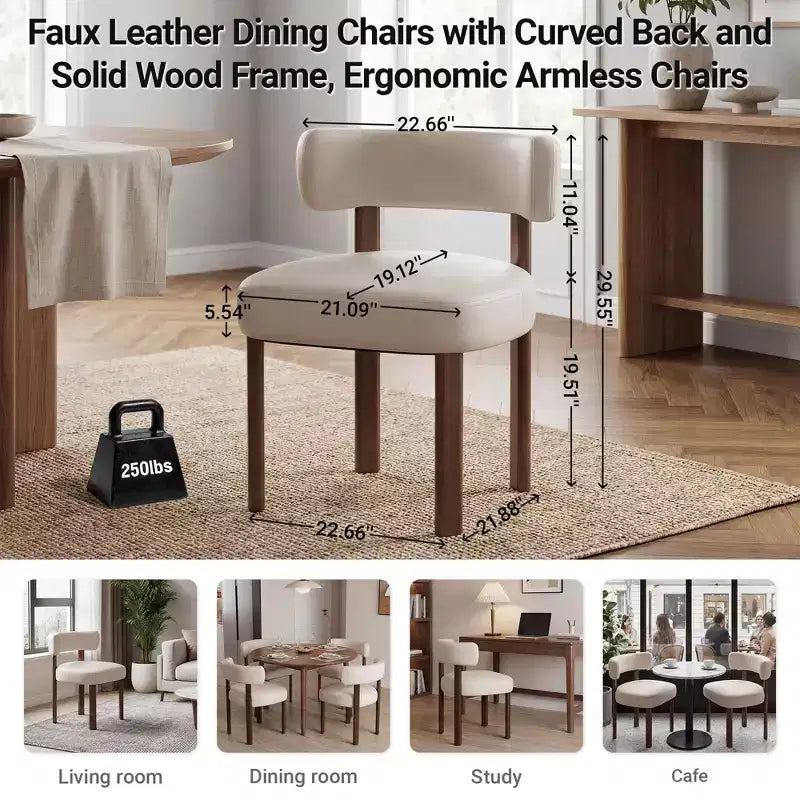 Chaises de salle à manger Ora en similicuir avec dossier incurvé et cadre en bois massif, chaises ergonomiques sans accoudoirs pour salon, salle à manger