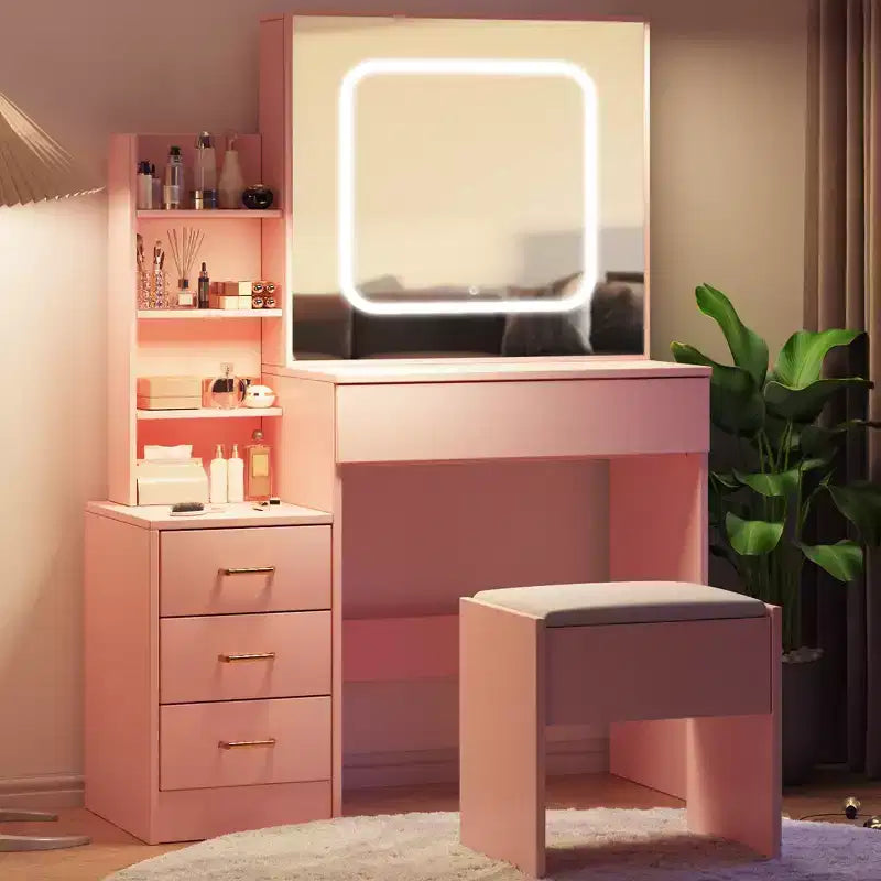 Coiffeuse avec miroir LED coulissant, 4 tiroirs, prise de courant, étagères de rangement, étagère ouverte, tabouret rembourré, meuble de maquillage pour chambre, rose