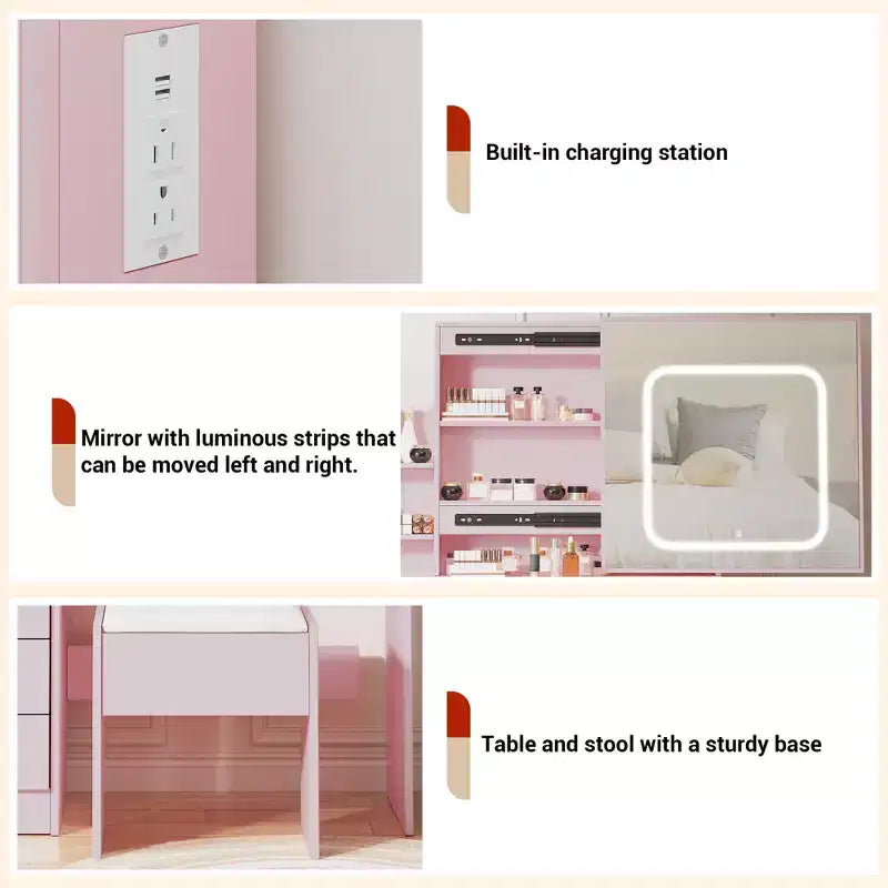 Coiffeuse avec miroir LED coulissant, 4 tiroirs, prise de courant, étagères de rangement, étagère ouverte, tabouret rembourré, meuble de maquillage pour chambre, rose