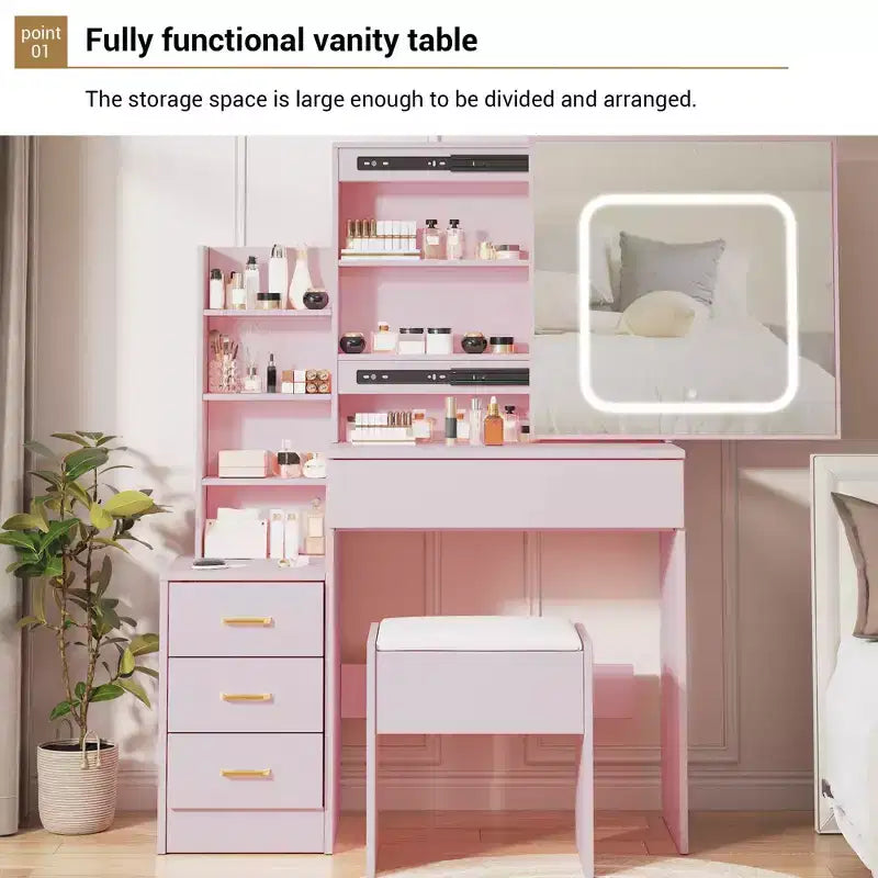 Coiffeuse avec miroir LED coulissant, 4 tiroirs, prise de courant, étagères de rangement, étagère ouverte, tabouret rembourré, meuble de maquillage pour chambre, rose