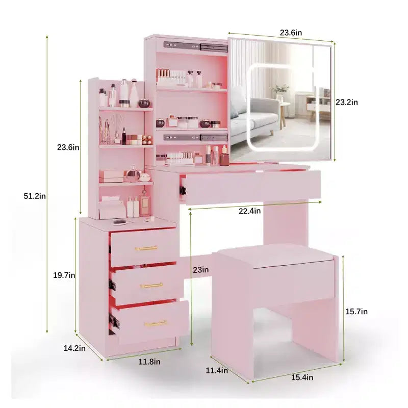 Coiffeuse avec miroir LED coulissant, 4 tiroirs, prise de courant, étagères de rangement, étagère ouverte, tabouret rembourré, meuble de maquillage pour chambre, rose