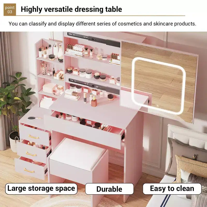 Coiffeuse avec miroir LED coulissant, 4 tiroirs, prise de courant, étagères de rangement, étagère ouverte, tabouret rembourré, meuble de maquillage pour chambre, rose