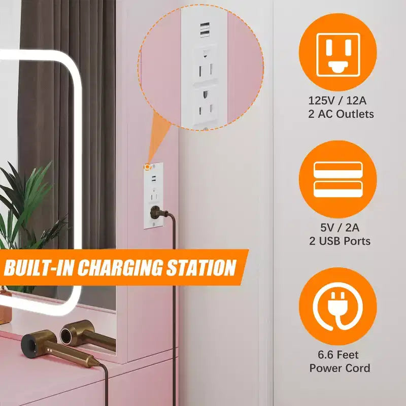 Coiffeuse avec miroir LED coulissant, 4 tiroirs, prise de courant, étagères de rangement, étagère ouverte, tabouret rembourré, meuble de maquillage pour chambre, rose