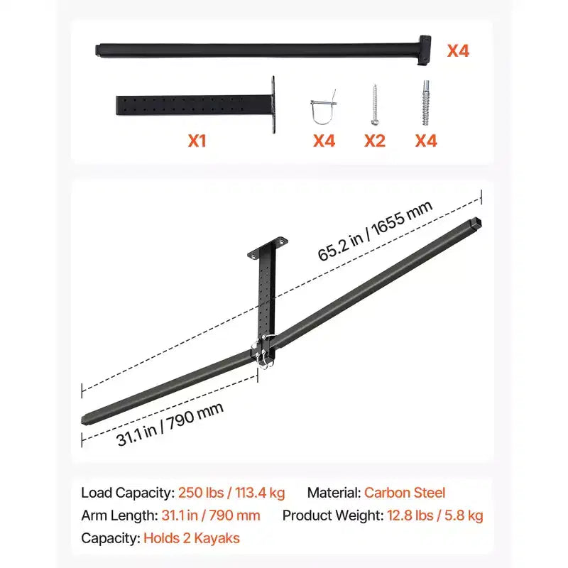 VEVOR Support de Rangement pour 2 Kayaks, Capacité Jusqu'à 113 kg, Rack de Plafond Réglable Robuste pour Garage, Noir