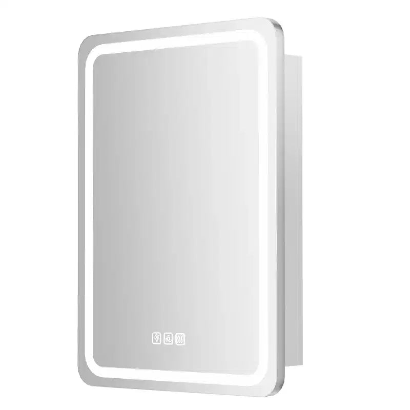 Armoire à pharmacie rectangulaire FAMYYT 20 po L x 28 po H en fer avec miroir, lumière DEL dimmable, fonction antibuée et prises - Entièrement assemblée