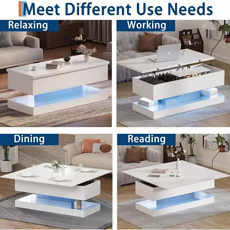 Table basse relevable avec éclairage LED, finition brillante, rangement contrôlé par application, réglable et convertible, table à manger moderne pour salon