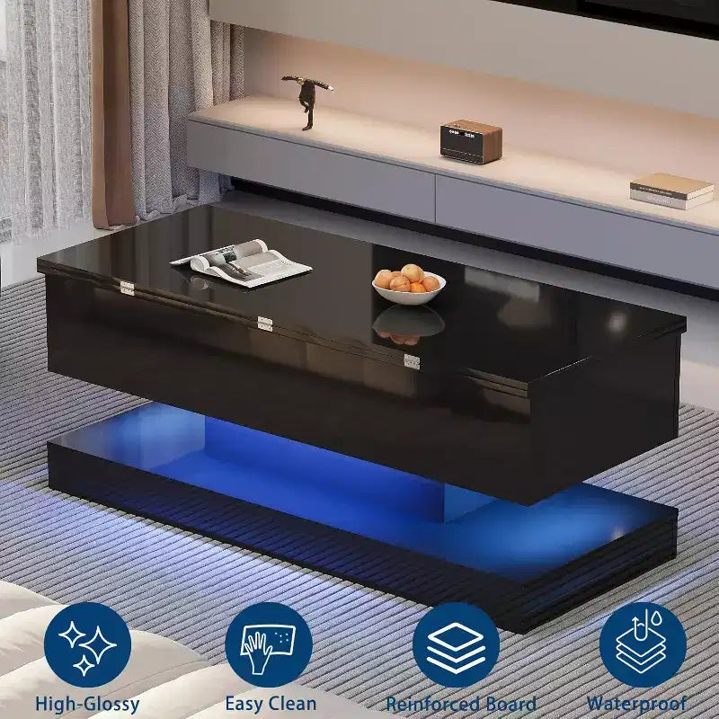 Table basse relevable avec éclairage LED, finition brillante, rangement contrôlé par application, réglable et convertible, table à manger moderne pour salon