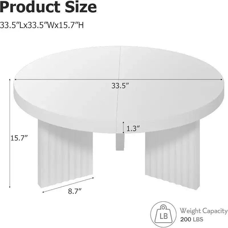 Table basse ronde, table basse circulaire de 85 cm avec pieds cannelés et plateau épais de 3,3 cm, tables d'appoint pour salon, chambre, assemblage facile, blanc