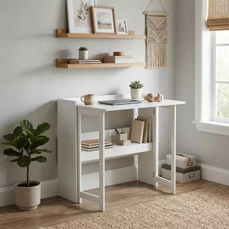 FurnitureR Folding Desk with Storage Shelf, Small Space Drop Leaf Computer Desk with Bookshelf, Writing Desk for Home Office, Bedroom, Apartment